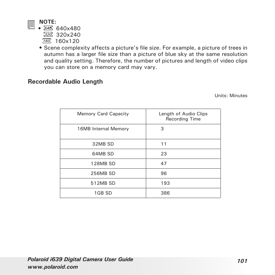 Recordable audio length | Polaroid i639 User Manual | Page 101 / 107