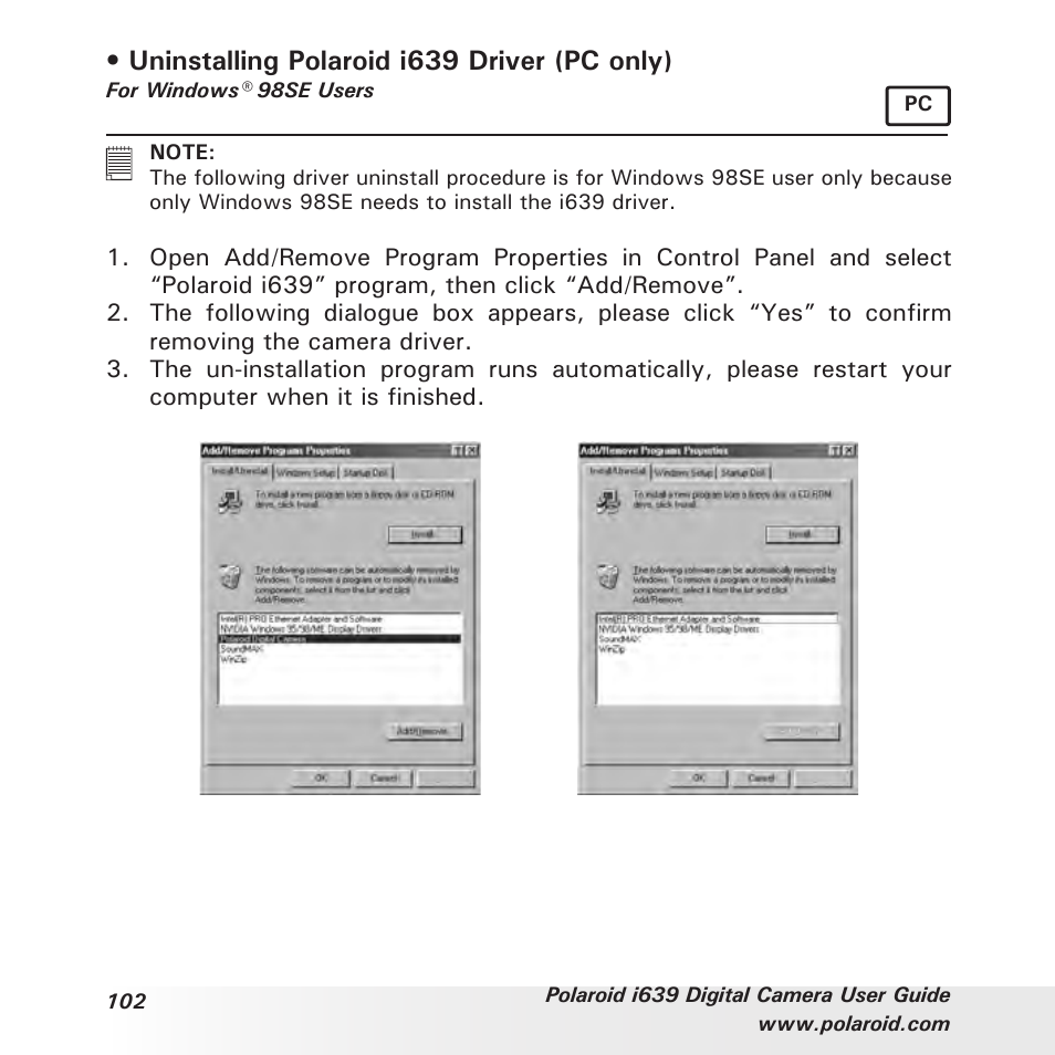 Uninstalling polaroid i639 driver (pc only) | Polaroid i639 User Manual | Page 102 / 107