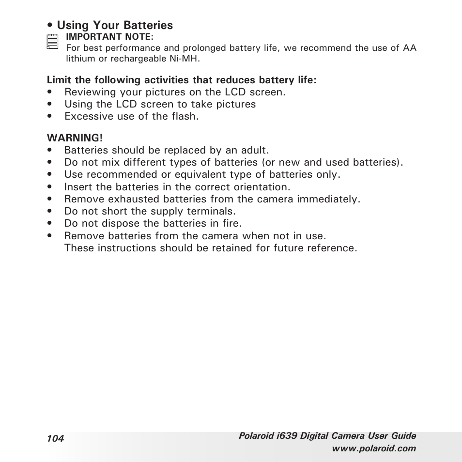 Using your batteries | Polaroid i639 User Manual | Page 104 / 107