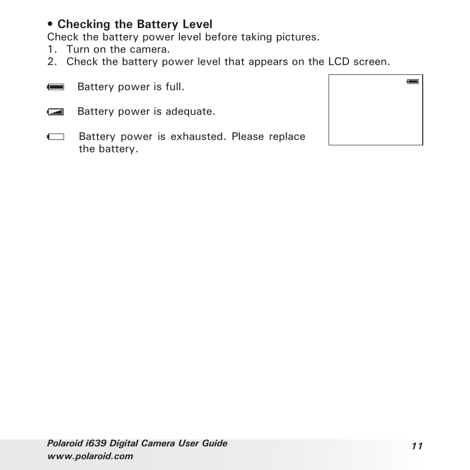 Checking the battery level | Polaroid i639 User Manual | Page 11 / 107