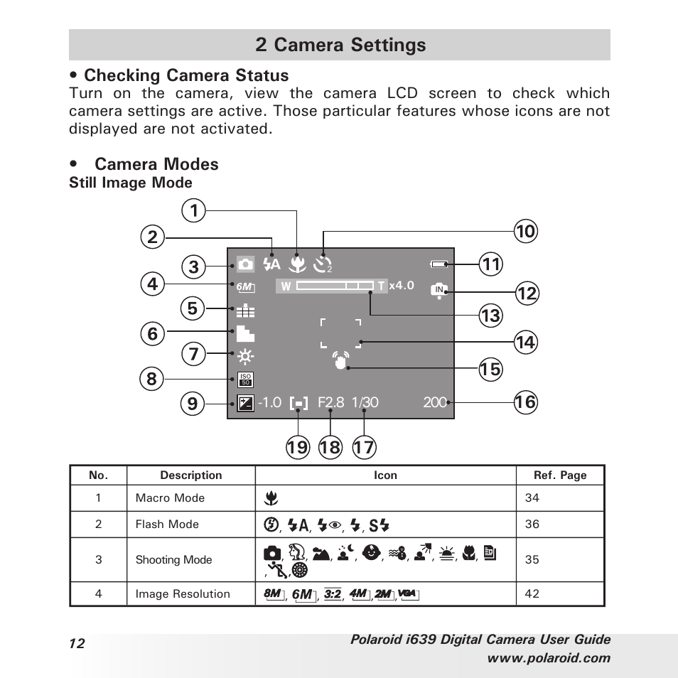 2 camera settings, Checking camera status, Camera modes | Still image mode | Polaroid i639 User Manual | Page 12 / 107