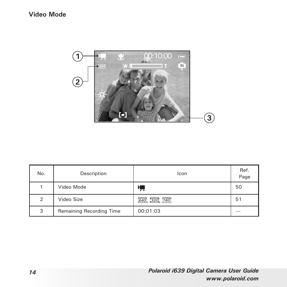 Video mode | Polaroid i639 User Manual | Page 14 / 107