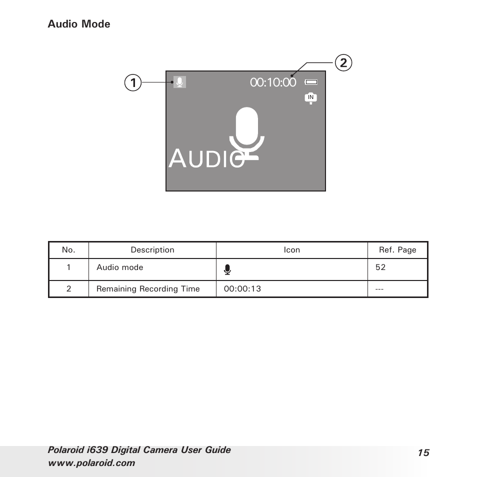 Audio mode | Polaroid i639 User Manual | Page 15 / 107
