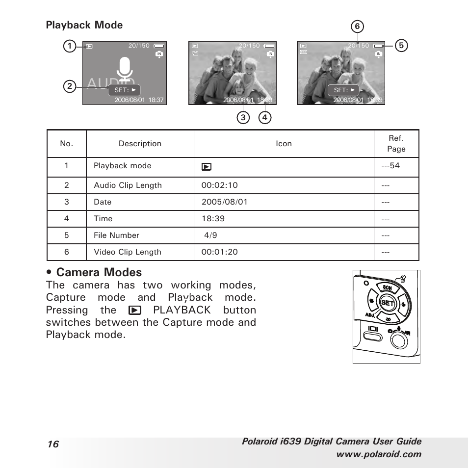 Audio, Camera modes, Playback mode | Polaroid i639 User Manual | Page 16 / 107