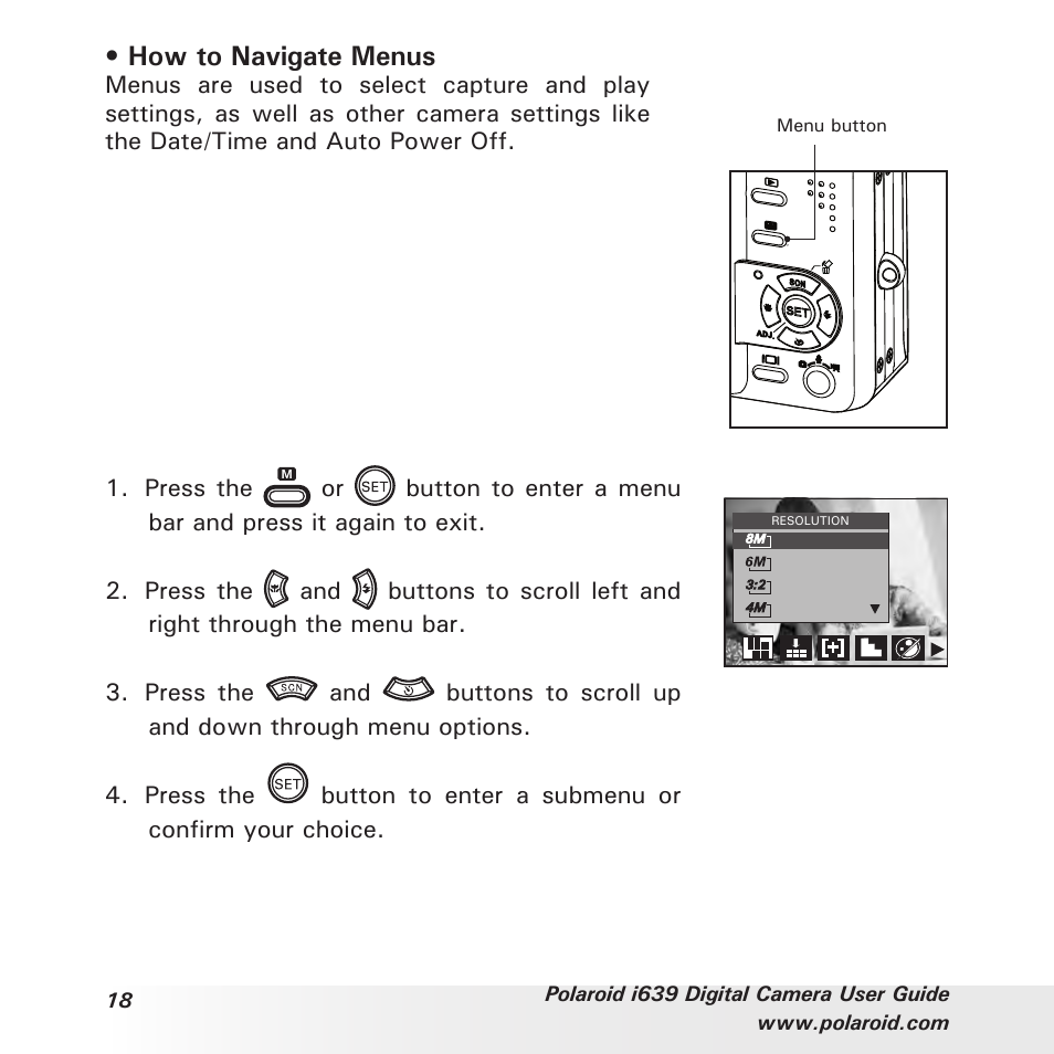 How to navigate menus | Polaroid i639 User Manual | Page 18 / 107