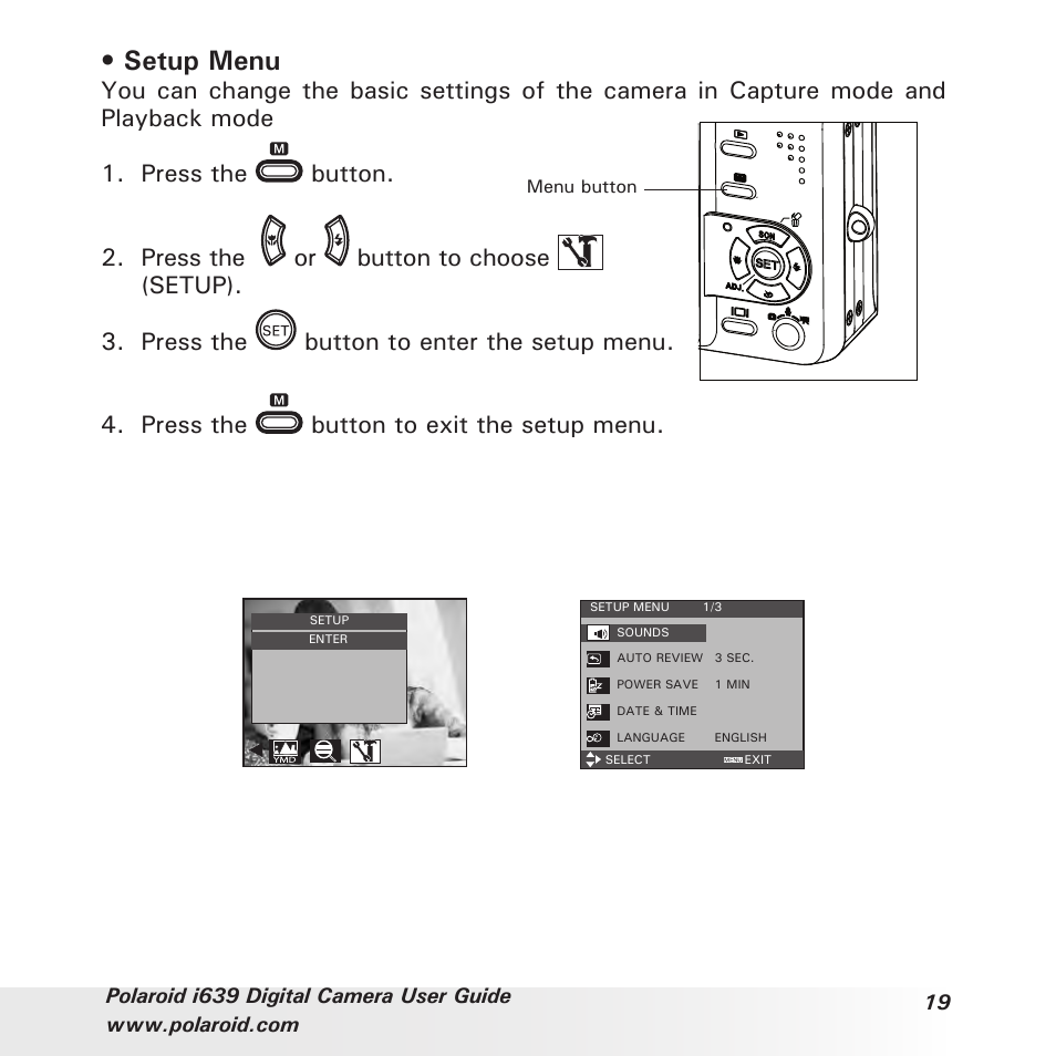 Setup menu, Press the button to exit the setup menu | Polaroid i639 User Manual | Page 19 / 107