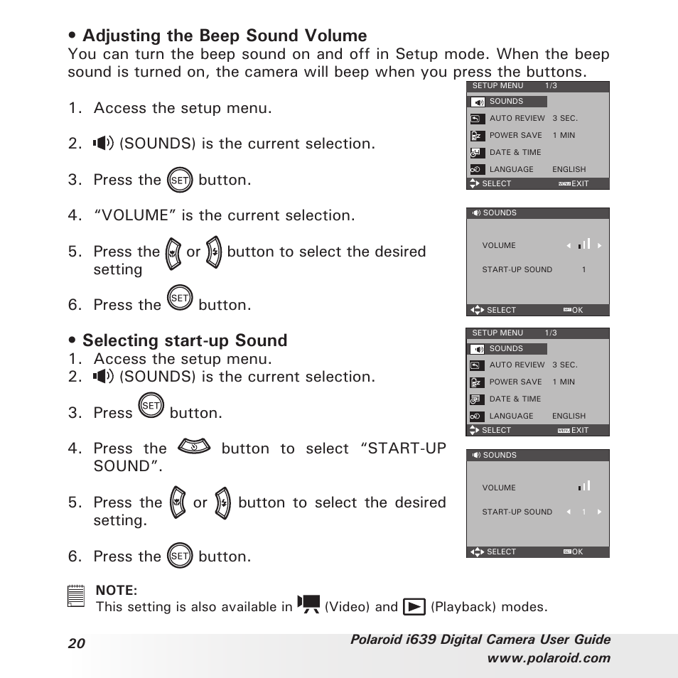 Adjusting the beep sound volume, Selecting start-up sound, Press the button | Polaroid i639 User Manual | Page 20 / 107