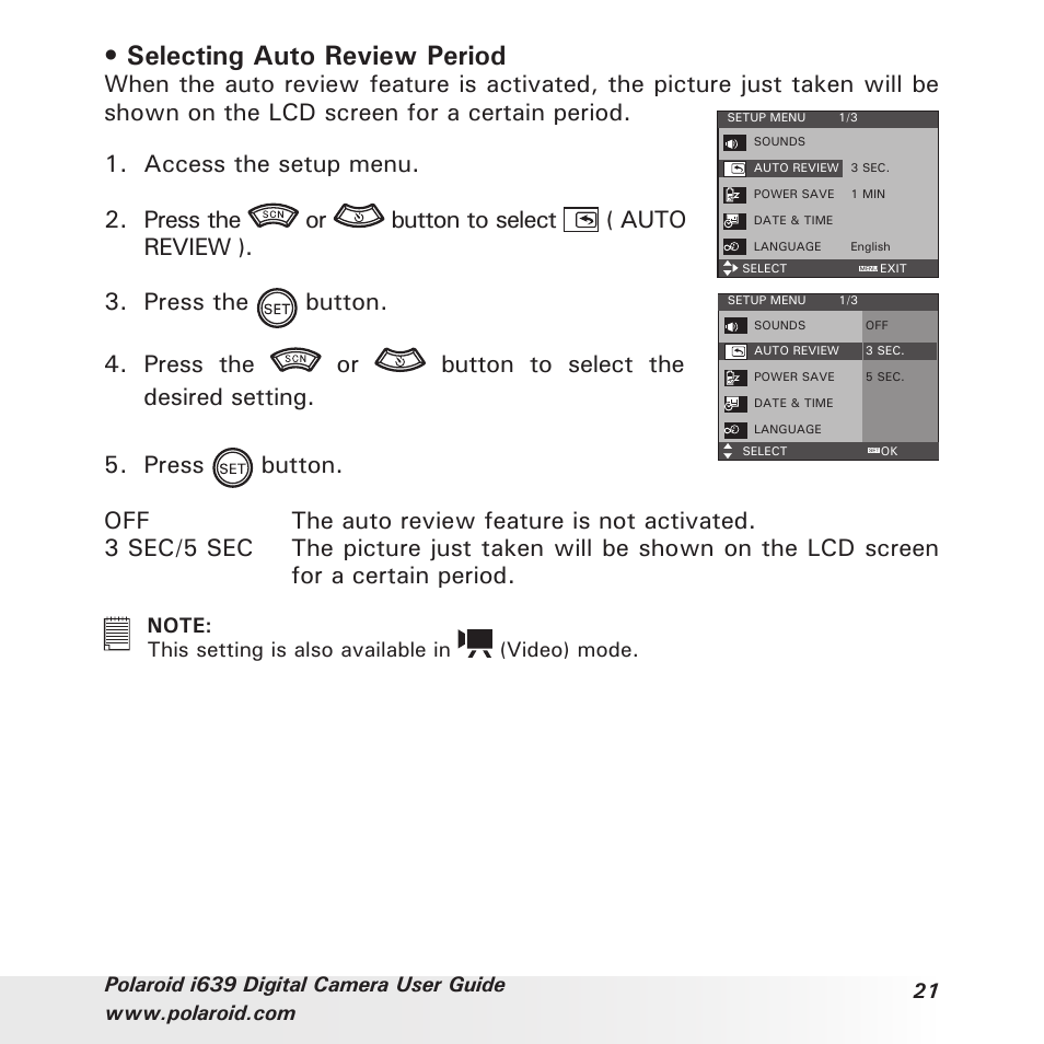 Selecting auto review period | Polaroid i639 User Manual | Page 21 / 107