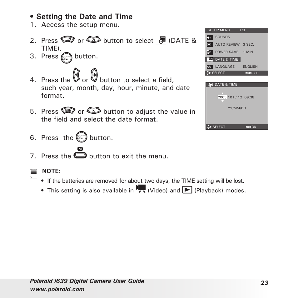 Setting the date and time, Access the setup menu | Polaroid i639 User Manual | Page 23 / 107