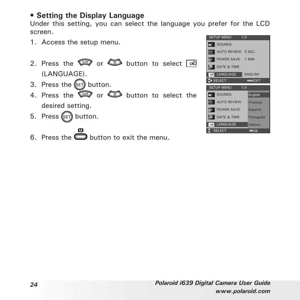 Setting the display language, Press the button to exit the menu | Polaroid i639 User Manual | Page 24 / 107