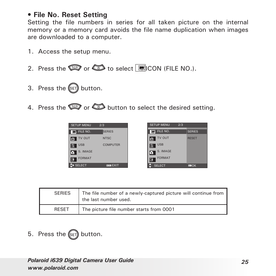 File no. reset setting, Press the button | Polaroid i639 User Manual | Page 25 / 107