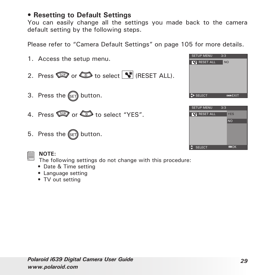 Resetting to default settings | Polaroid i639 User Manual | Page 29 / 107