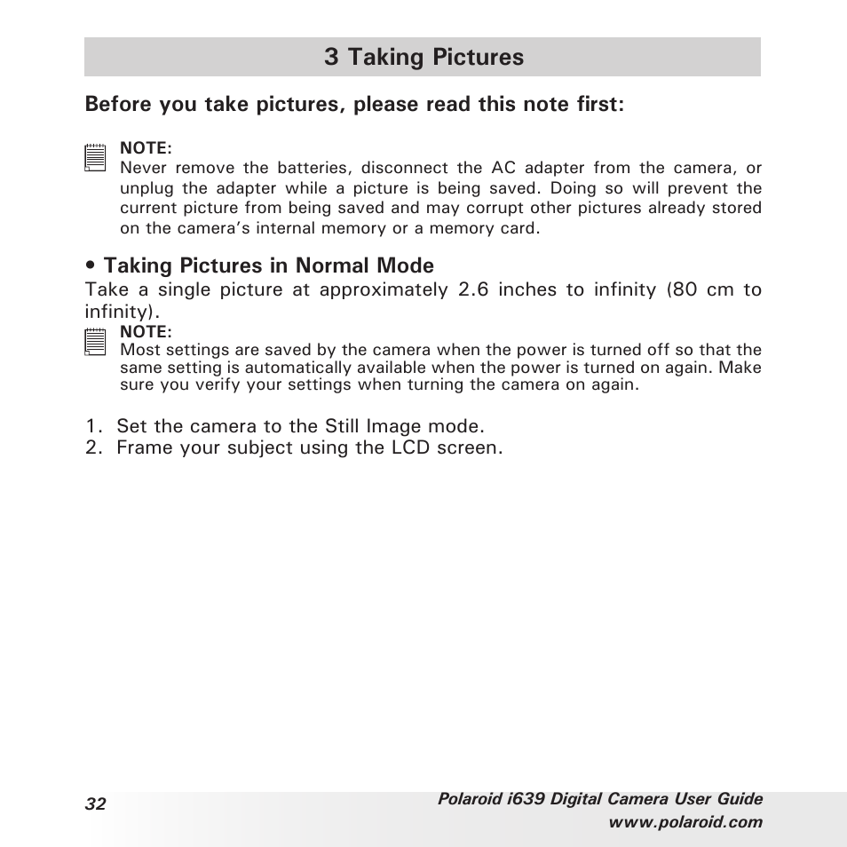 3 taking pictures, Taking pictures in normal mode | Polaroid i639 User Manual | Page 32 / 107