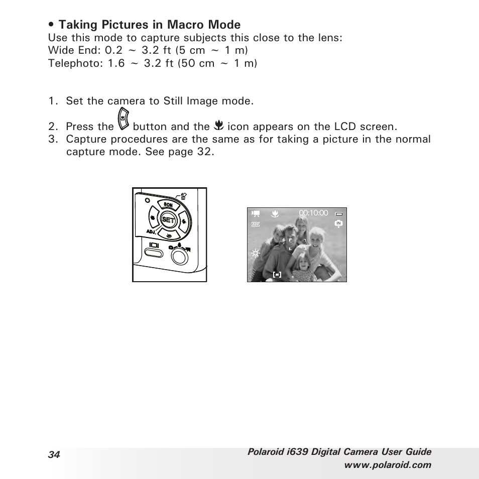 Taking pictures in macro mode | Polaroid i639 User Manual | Page 34 / 107