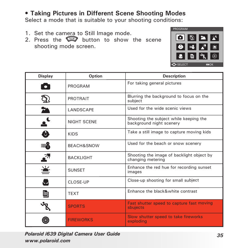 Taking pictures in different scene shooting modes | Polaroid i639 User Manual | Page 35 / 107