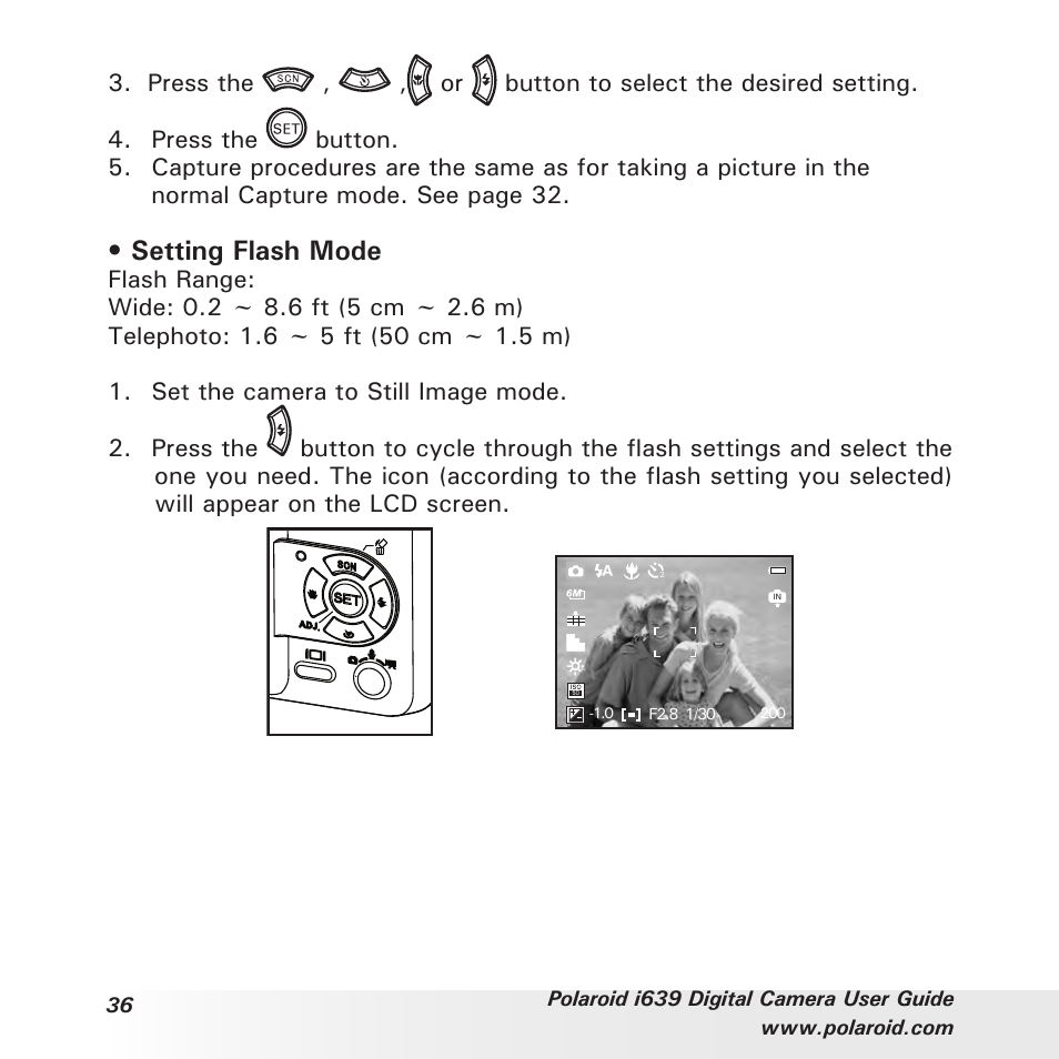 Setting flash mode | Polaroid i639 User Manual | Page 36 / 107