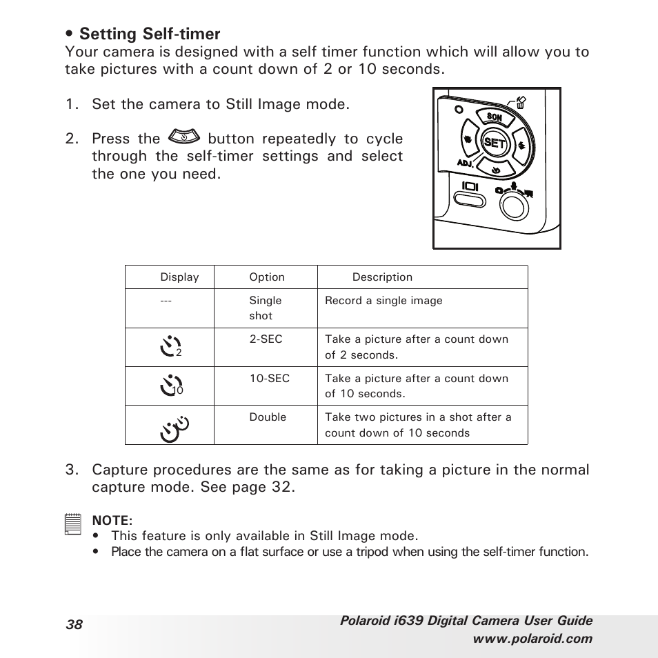 Setting self-timer | Polaroid i639 User Manual | Page 38 / 107