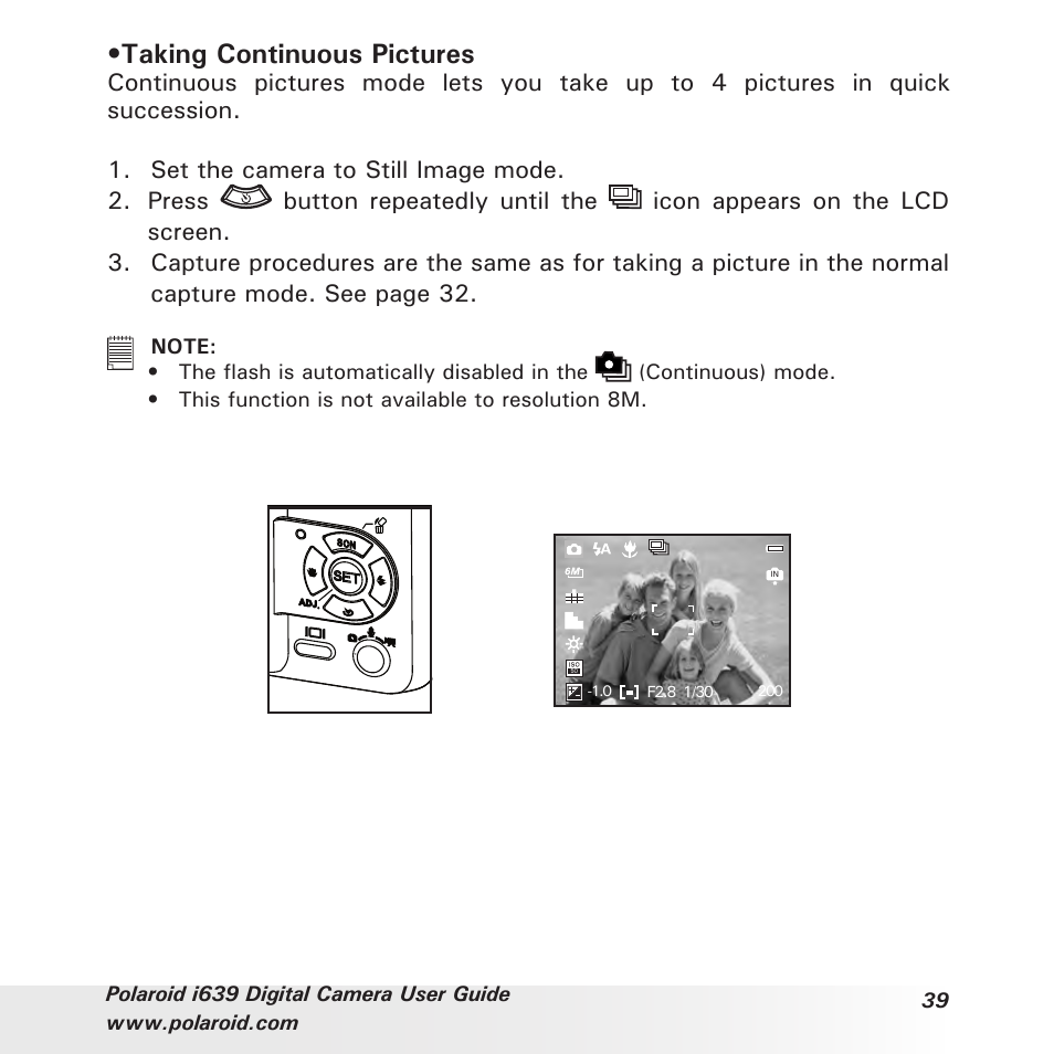 Taking continuous pictures | Polaroid i639 User Manual | Page 39 / 107