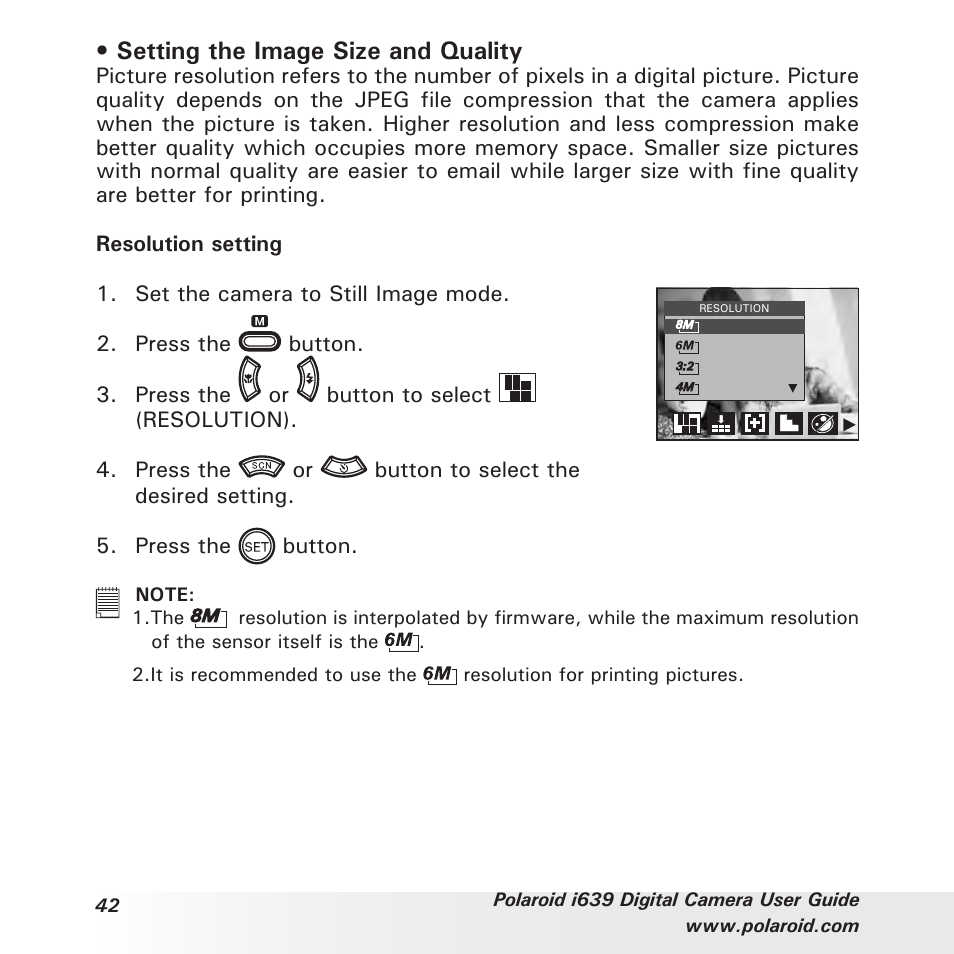 Setting the image size and quality | Polaroid i639 User Manual | Page 42 / 107