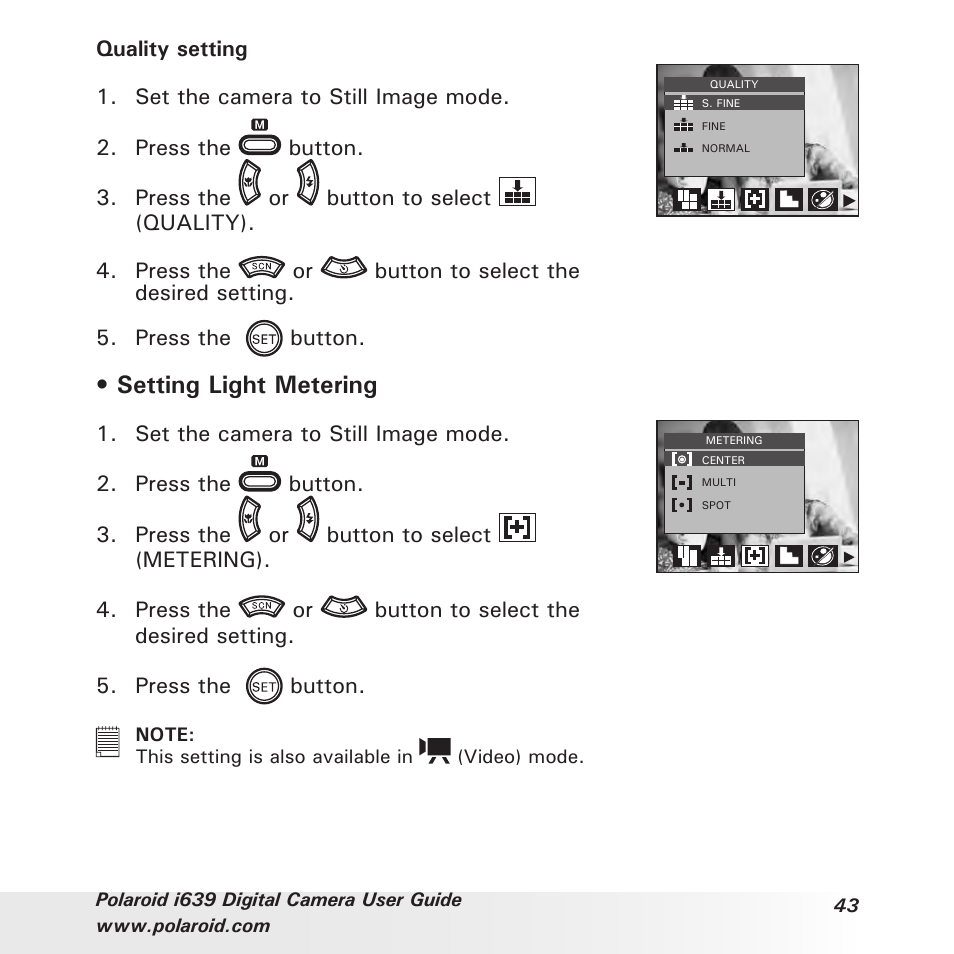 Setting light metering | Polaroid i639 User Manual | Page 43 / 107