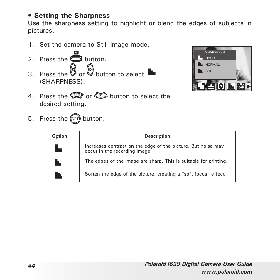 Setting the sharpness | Polaroid i639 User Manual | Page 44 / 107
