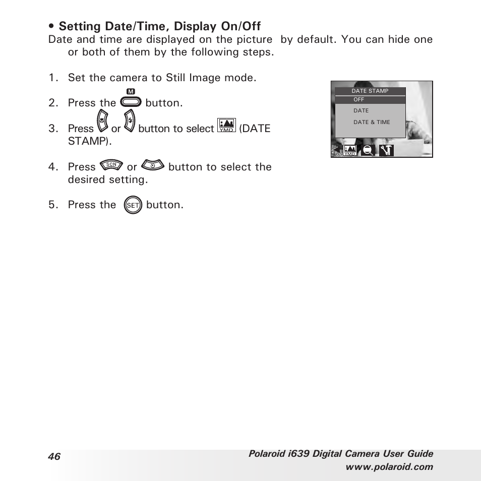 Setting date/time, display on/off | Polaroid i639 User Manual | Page 46 / 107