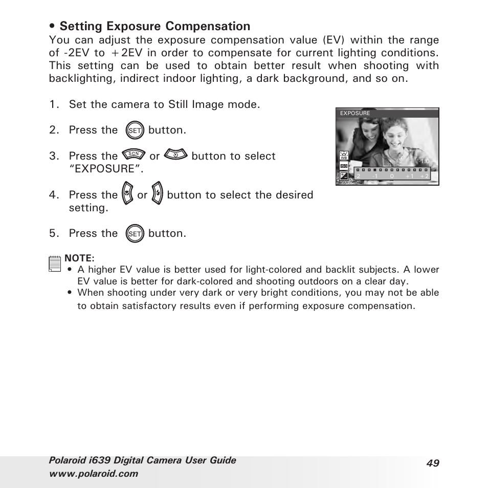 Setting exposure compensation | Polaroid i639 User Manual | Page 49 / 107