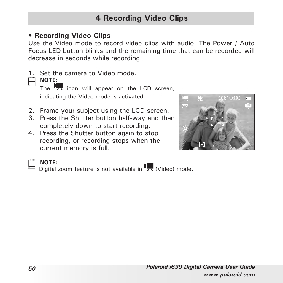 4 recording video clips, Recording video clips | Polaroid i639 User Manual | Page 50 / 107