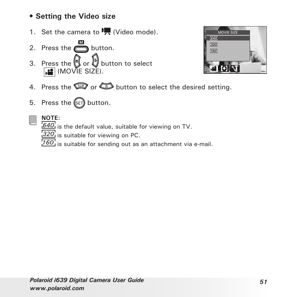 Setting the video size | Polaroid i639 User Manual | Page 51 / 107