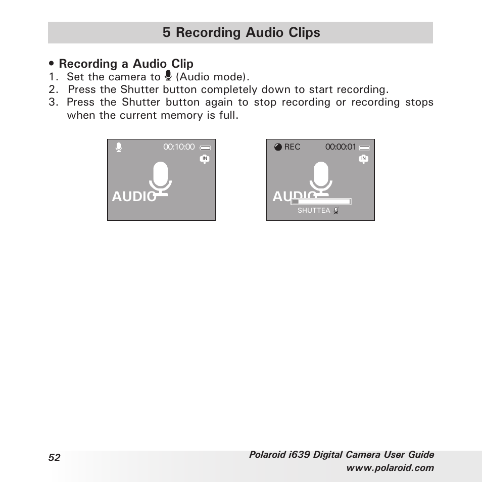 5 recording audio clips, Audio, Recording a audio clip | Polaroid i639 User Manual | Page 52 / 107