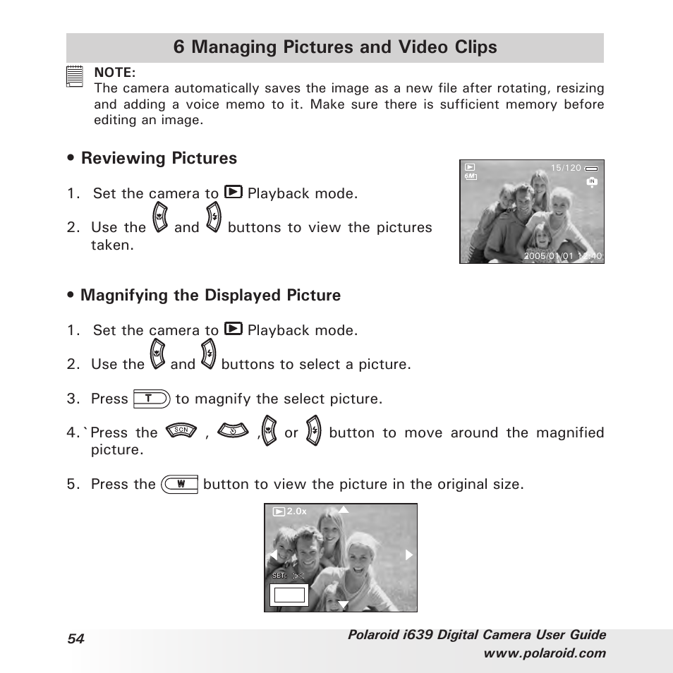 6 managing pictures and video clips, Reviewing pictures, Magnifying the displayed picture | Polaroid i639 User Manual | Page 54 / 107
