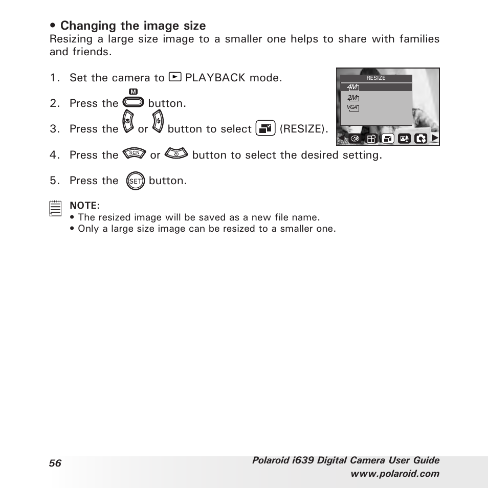 Changing the image size | Polaroid i639 User Manual | Page 56 / 107