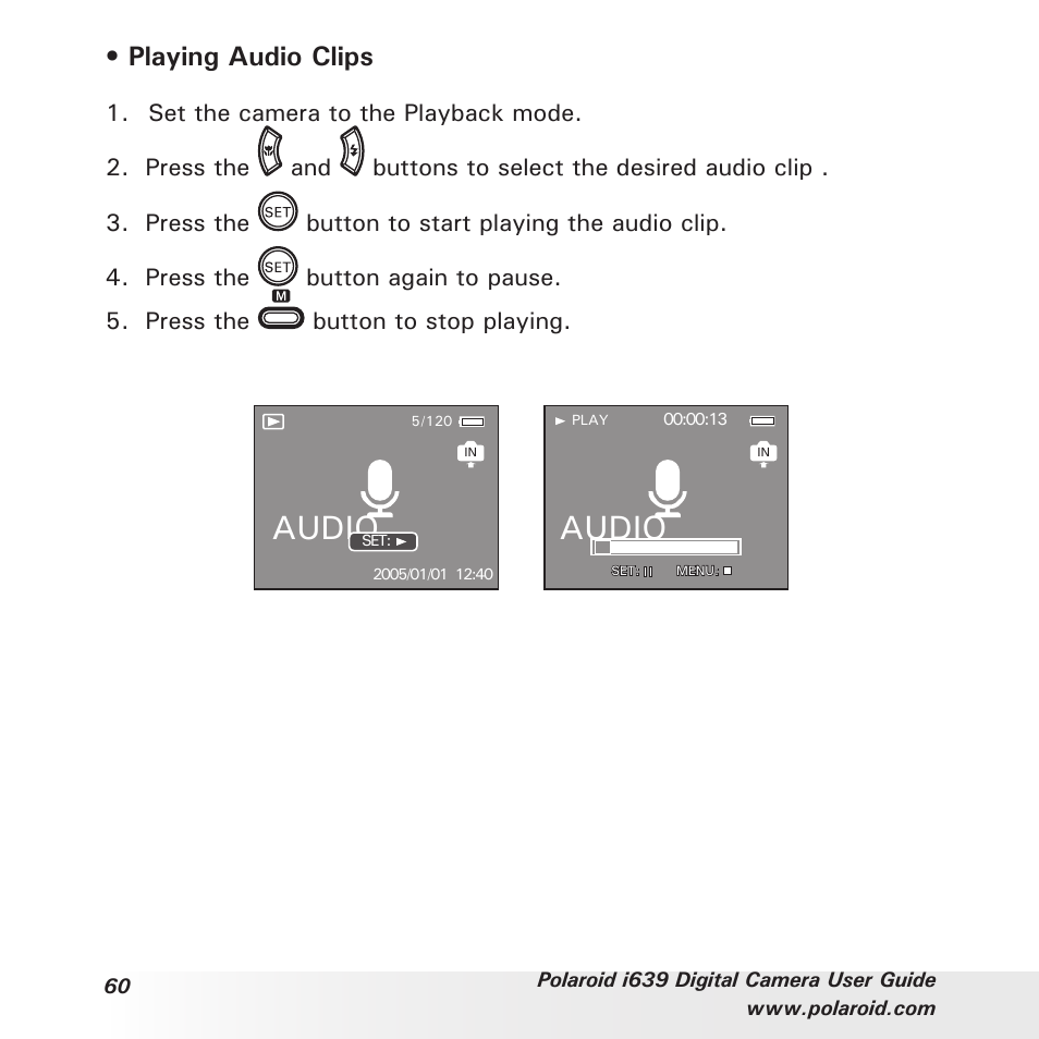 Audio, Playing audio clips | Polaroid i639 User Manual | Page 60 / 107