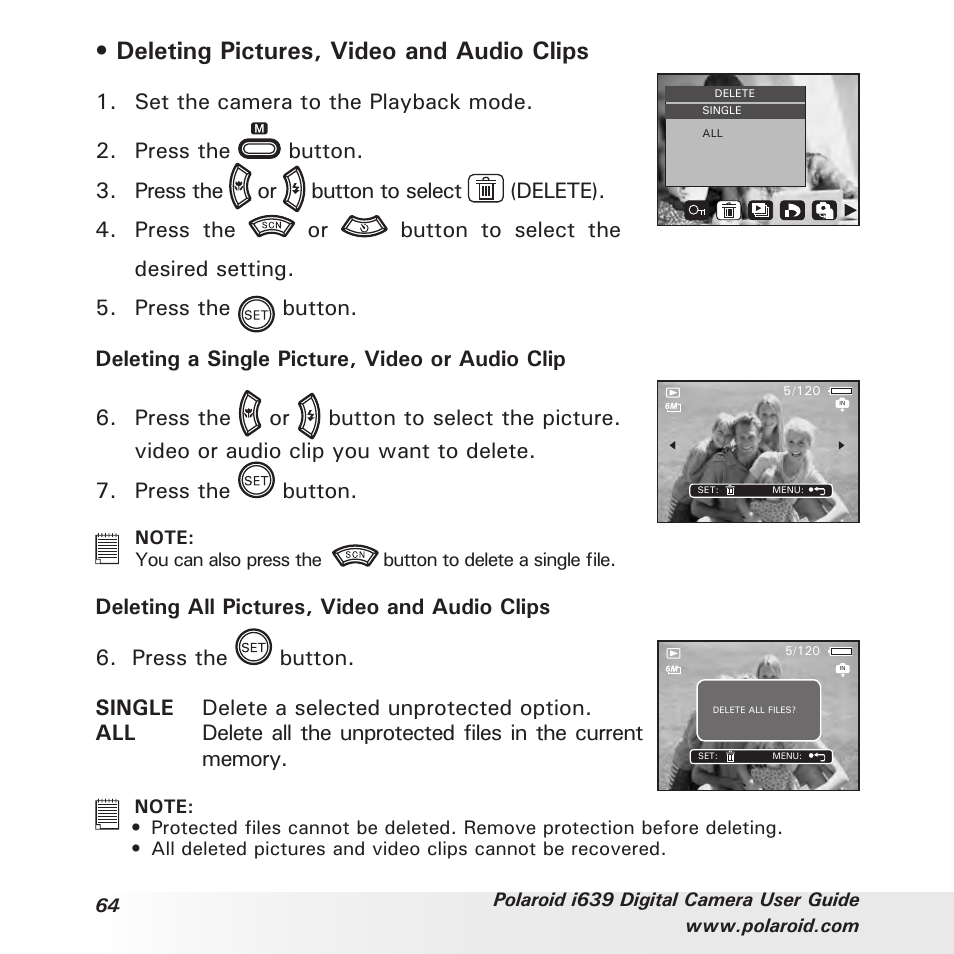 Deleting pictures, video and audio clips, Set the camera to the playback mode | Polaroid i639 User Manual | Page 64 / 107