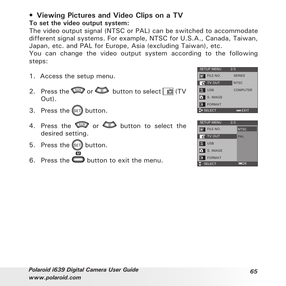 Viewing pictures and video clips on a tv, Press the button to exit the menu | Polaroid i639 User Manual | Page 65 / 107