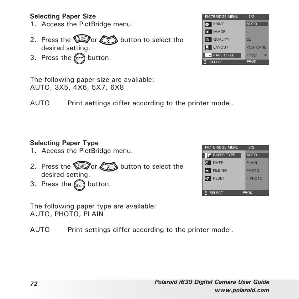 Selecting paper size 1. access the pictbridge menu | Polaroid i639 User Manual | Page 72 / 107
