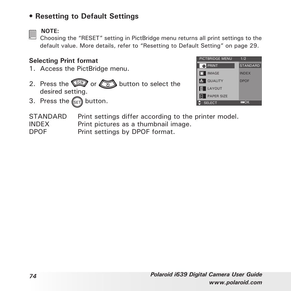 Resetting to default settings | Polaroid i639 User Manual | Page 74 / 107