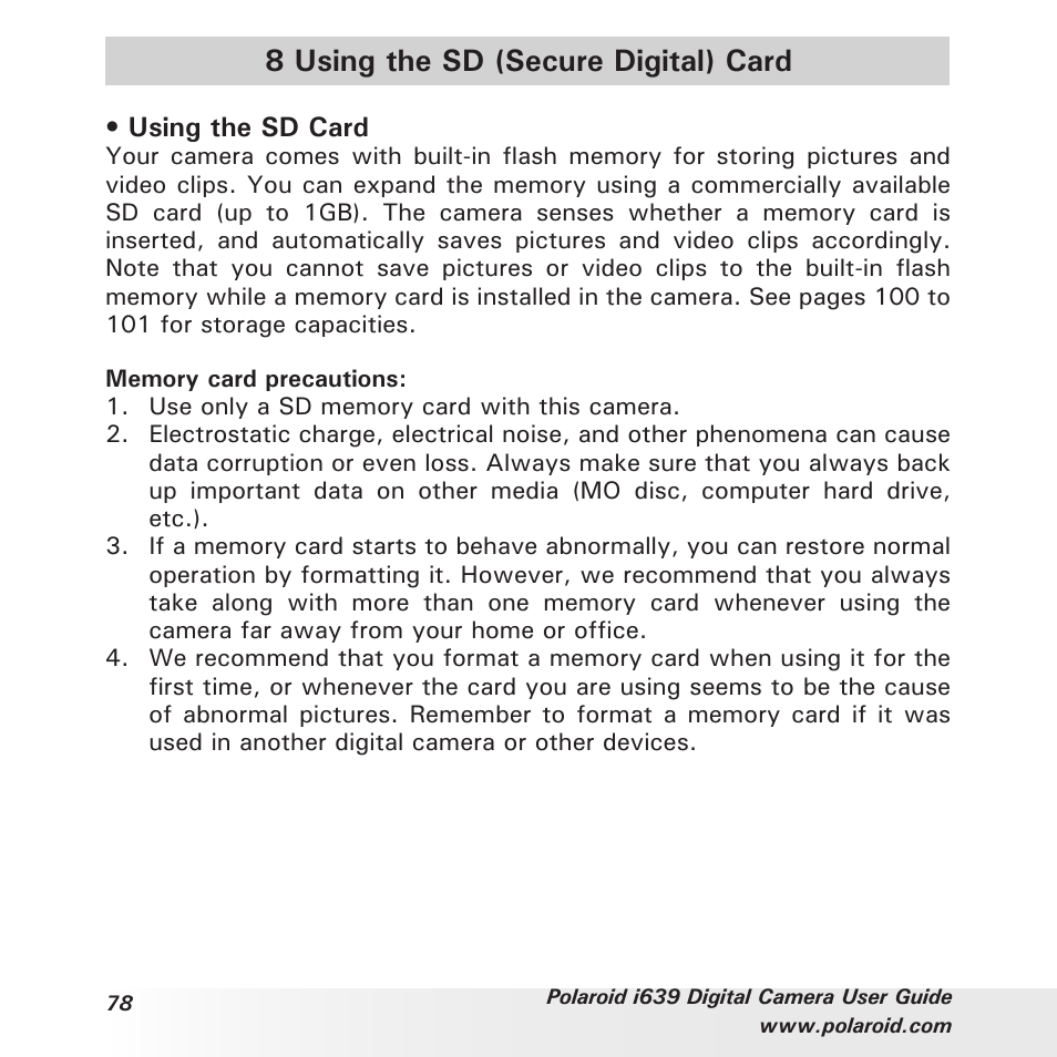 8 using the sd (secure digital) card | Polaroid i639 User Manual | Page 78 / 107