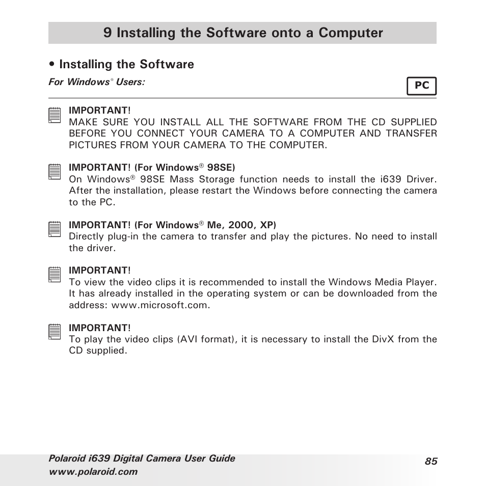 9 installing the software onto a computer, Installing the software | Polaroid i639 User Manual | Page 85 / 107