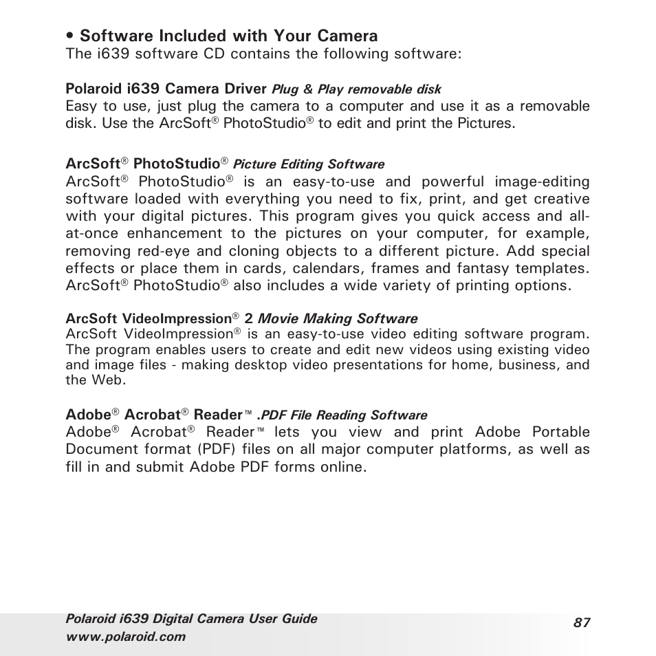 Software included with your camera | Polaroid i639 User Manual | Page 87 / 107