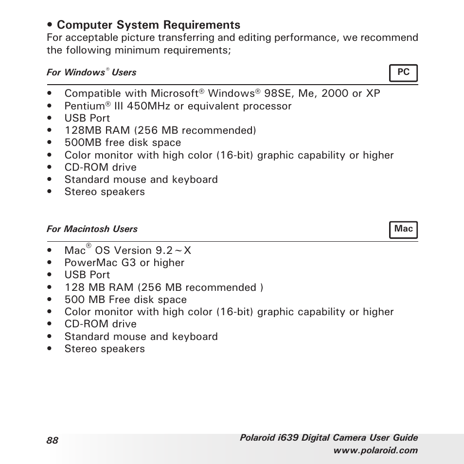 Computer system requirements | Polaroid i639 User Manual | Page 88 / 107