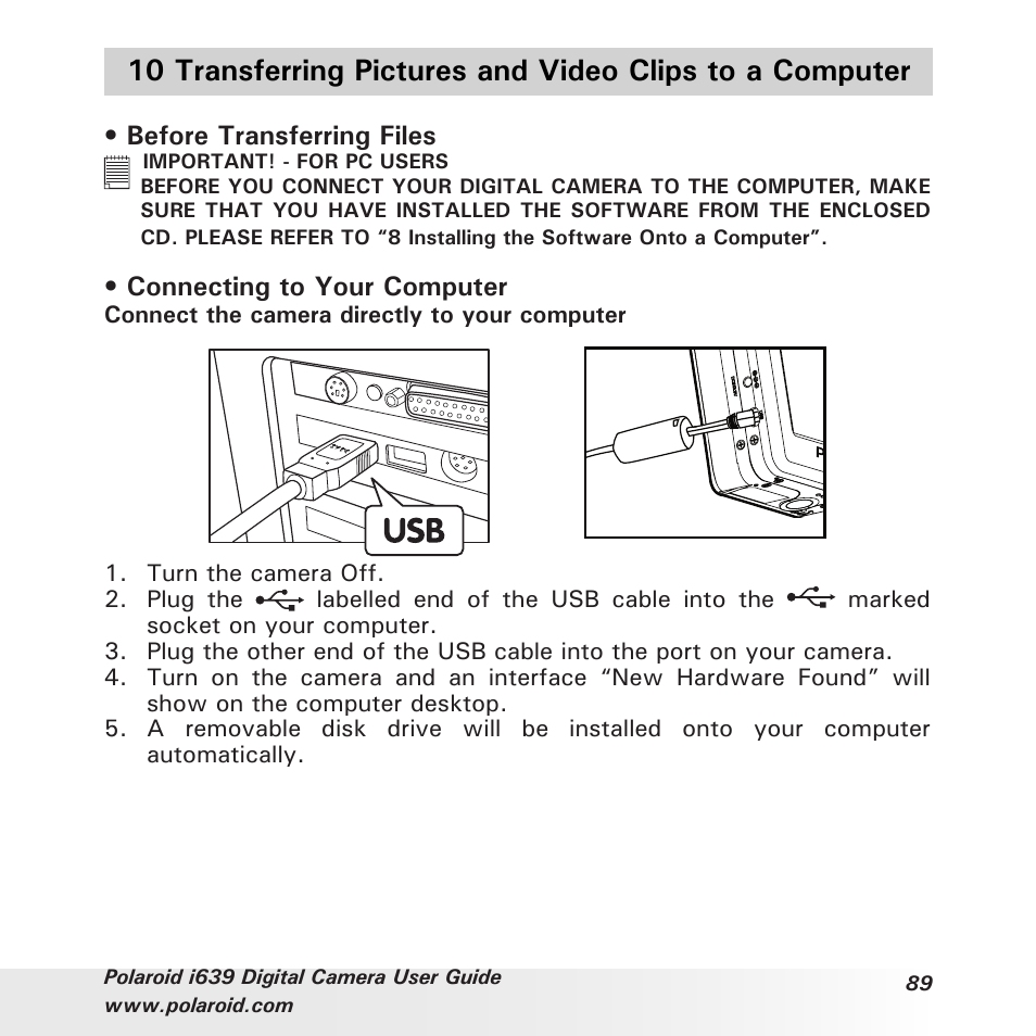 Before transferring files, Connecting to your computer | Polaroid i639 User Manual | Page 89 / 107