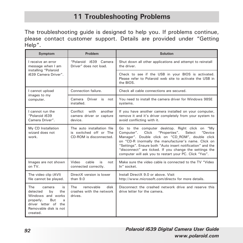11 troubleshooting problems | Polaroid i639 User Manual | Page 92 / 107