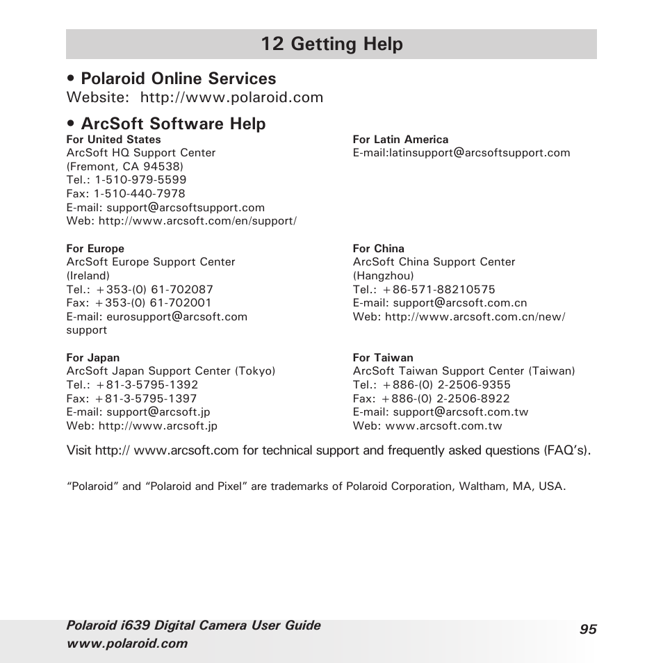 12 getting help, Polaroid online services, Arcsoft software help | Polaroid i639 User Manual | Page 95 / 107