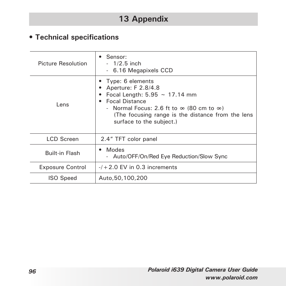 13 appendix, Technical specifications | Polaroid i639 User Manual | Page 96 / 107