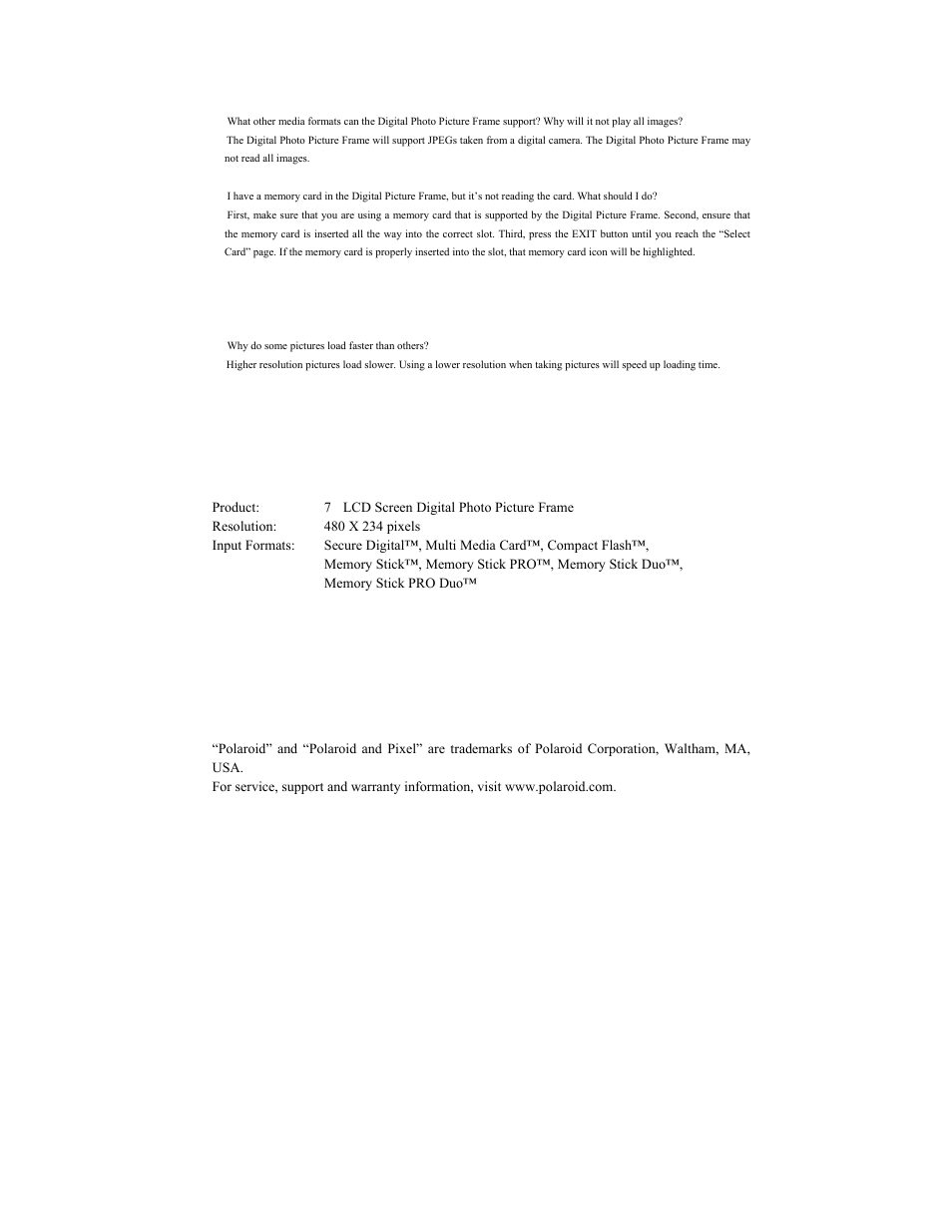 Technical specifications, Frequently asked questions | Polaroid Digital Photo Picture Frame User Manual | Page 10 / 10