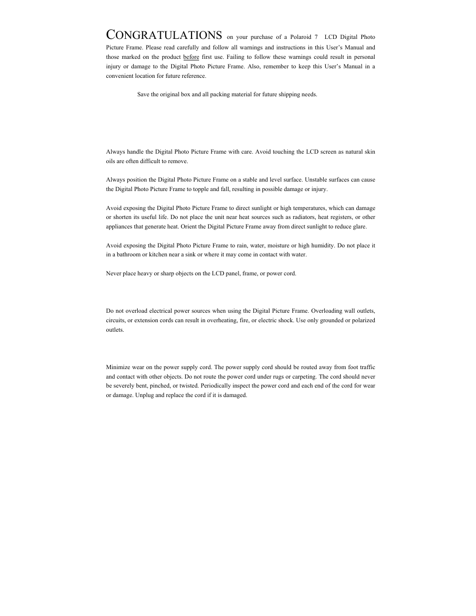 Ongratulations | Polaroid Digital Photo Picture Frame User Manual | Page 2 / 10