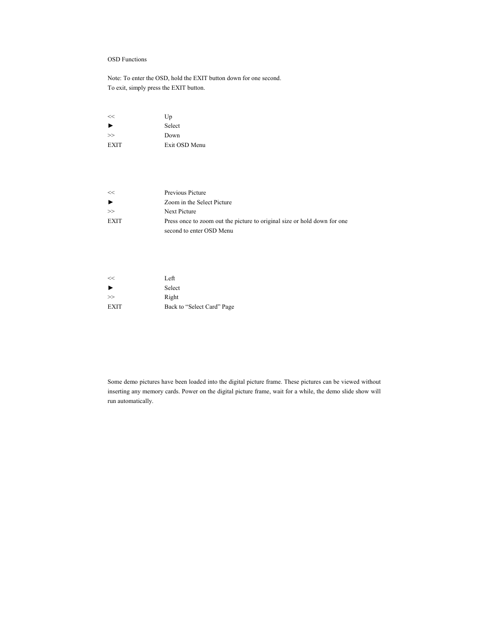 Control buttons functions, Demo slide show | Polaroid Digital Photo Picture Frame User Manual | Page 8 / 10