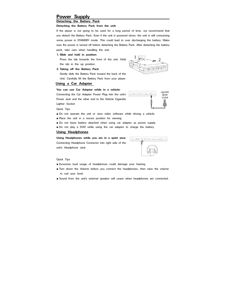 Power supply, Using a car adapter, Using headphones | Polaroid PDV-0820T User Manual | Page 15 / 31