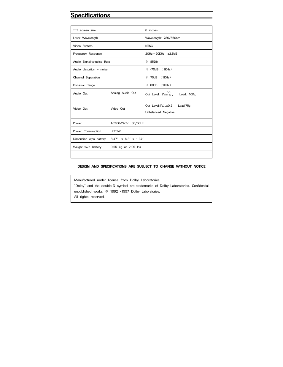 Specifications | Polaroid PDV-0820T User Manual | Page 30 / 31